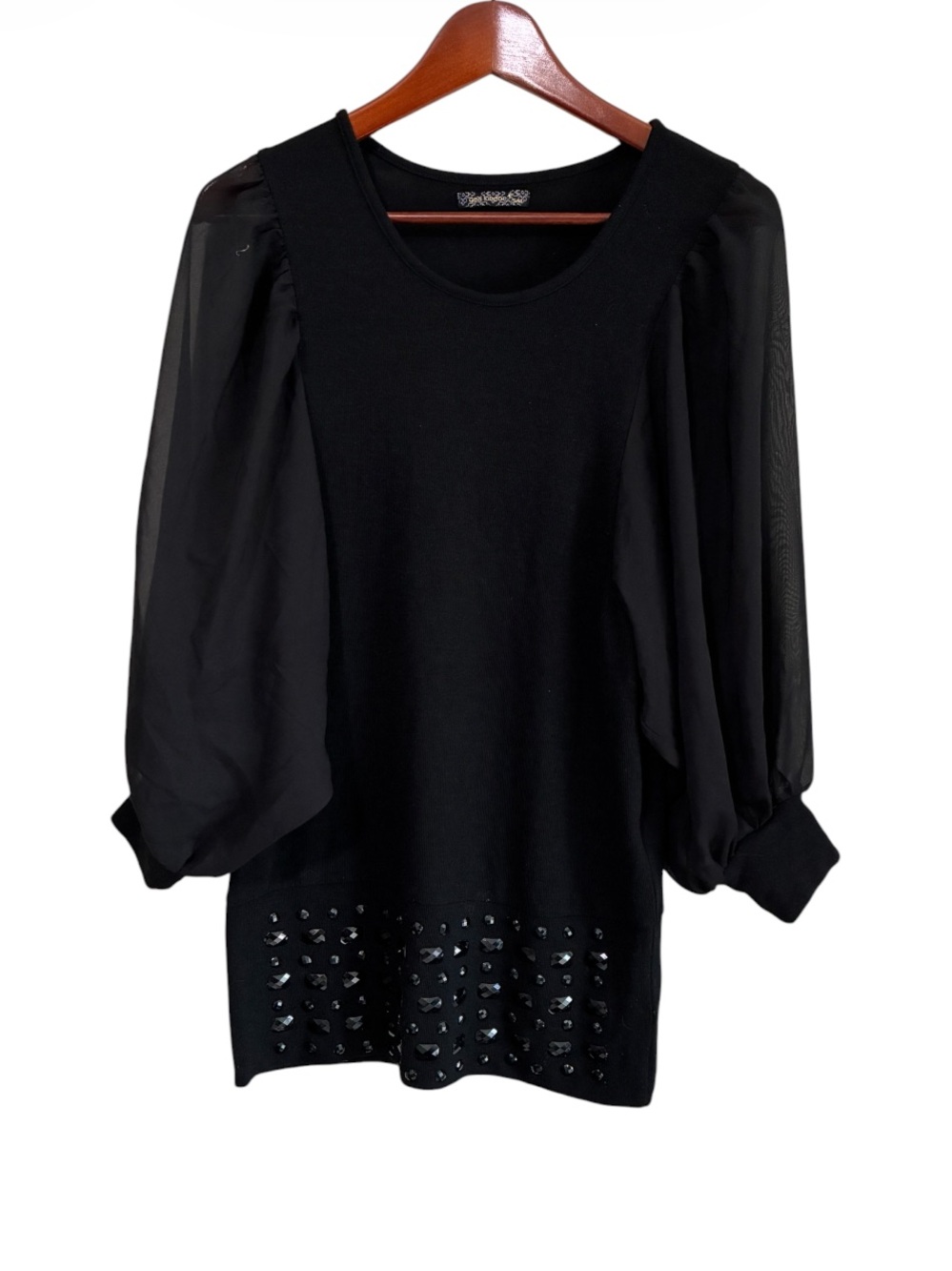 QED London Women's Black Beaded Sheer Sleeve Top Size S/M